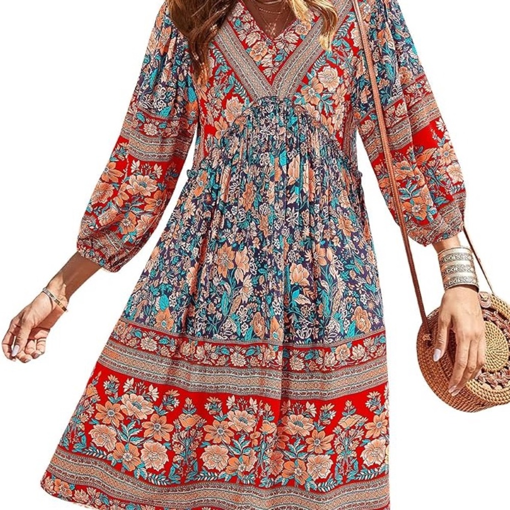 BTFBM Red and Blue V-Neck Sundress with 3/4 Sleeves - SIZE: XL